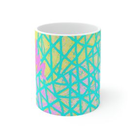 Decorative Ceramic Coffee Mug 15oz, Cyan Blue Lime Green And Pink Pattern - 11oz